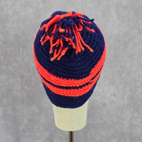 Blue Orange Stripe Pom Pom Crochet Knit Bucket Cap Hat Fun VTG Y2K Funky Beanie - Picture 4 of 4